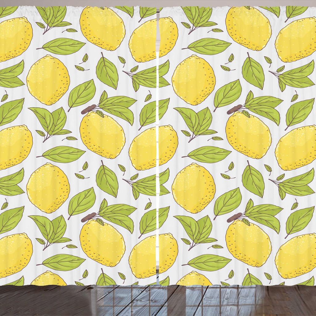 ARANDE Zitrone Gardine, Limonade Früchte und Blätter Doodle Frische Entlang Citrus auf einer gedämpften Ton Kulisse, 280 x 225 cm, Grün und Senf
