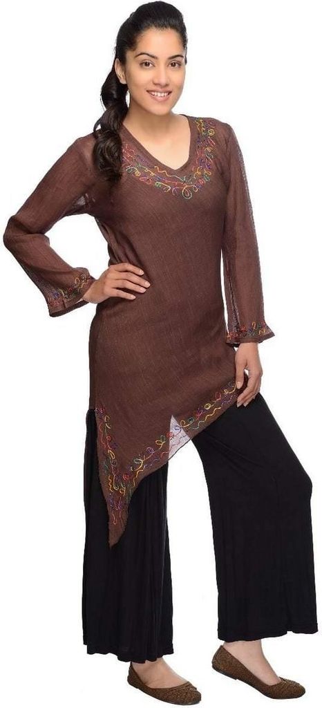 Langarm Bluse Oberteil Longshirt Kleid Shirt Träger Tank Schluppenbluse Hippie Tunika Rajani, braun XXL