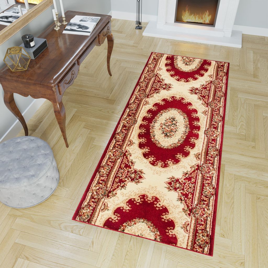 Läufer Teppich Meterware Flur Wohnzimmer Schlafzimmer Kurzflor Rot Beige Klassisch Design Meliert 70 x 220