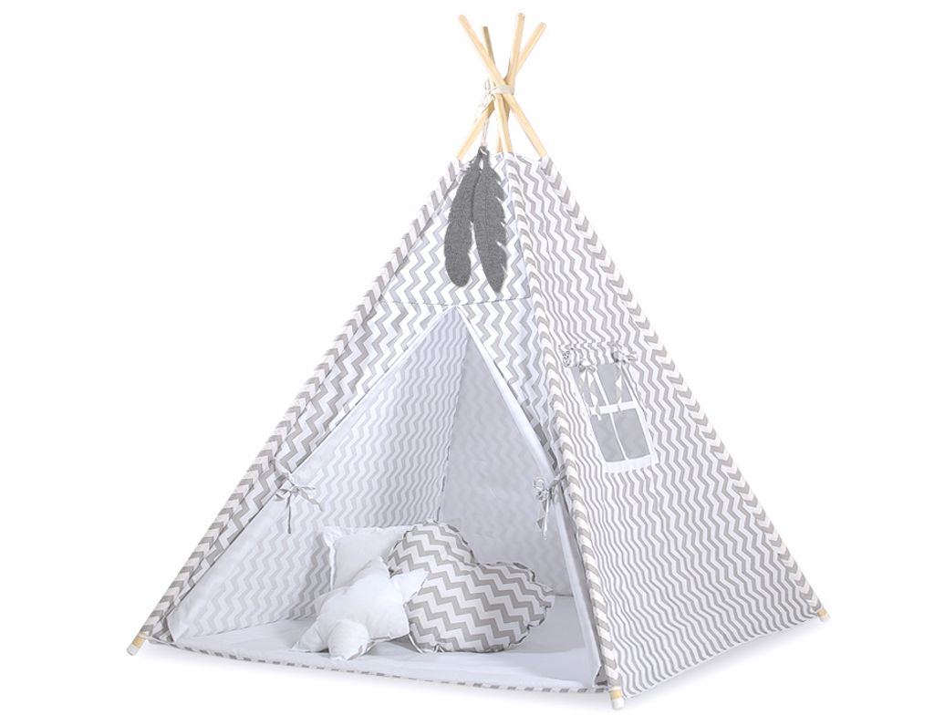 Tipi Zelt für Kinder mit Teppich und Kissen Grau 100% Baumwolle und allergiefreundlicher Füllung