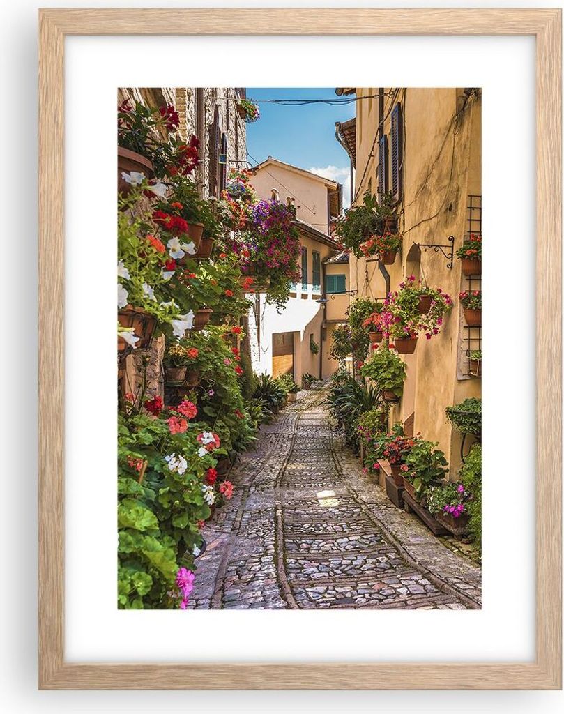 Gerahmtes Poster - Rahmen in heller Eiche - Path Blumen Haus Hof - 30x40 cm - Wand Bild - Wanddeko - Wandbilder - Wandposter - Bilderrahmen - Bilde...