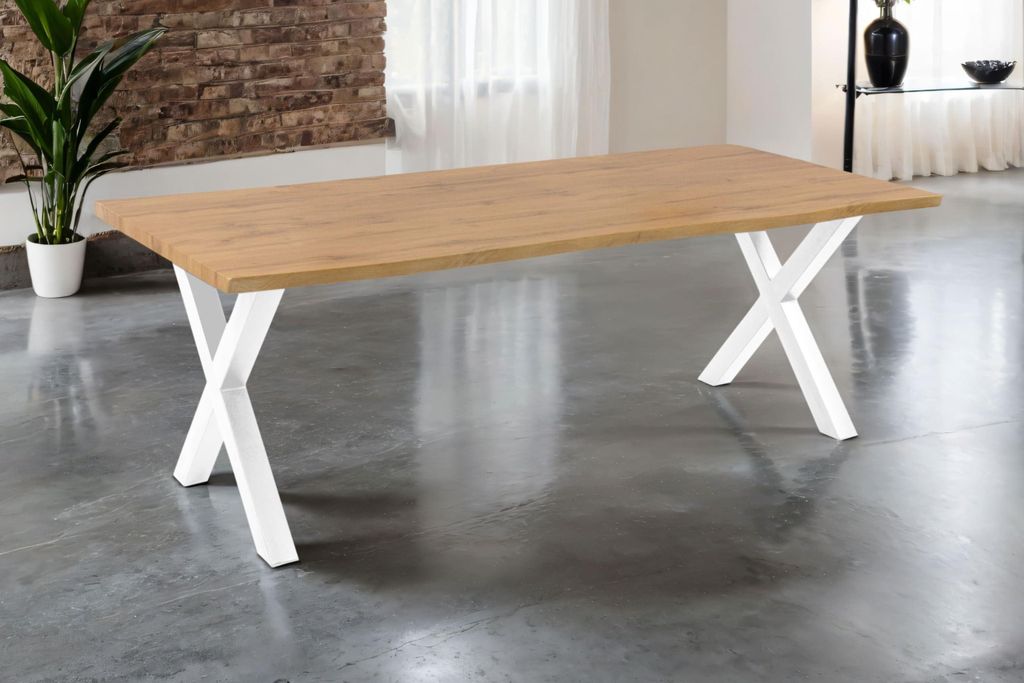Esstisch Josy | 220 x 100 cm | Holz Wildeiche-Optik | X-Gestell Metall weiß | 40 mm Tischplatte mit Baumkante | Tisch für Esszimmer & Küche