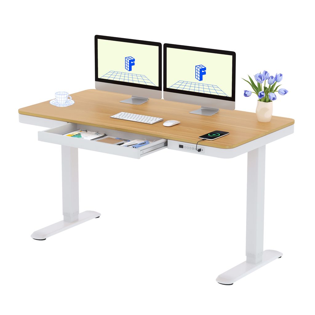FlexiSpot Q3 Elektrisch Höhenverstellbarer Schreibtisch 140x70cm, mit USB, Schublade, LED-Display, 4 Speicherplätzen & Antikollisionsschutz, Ahorn