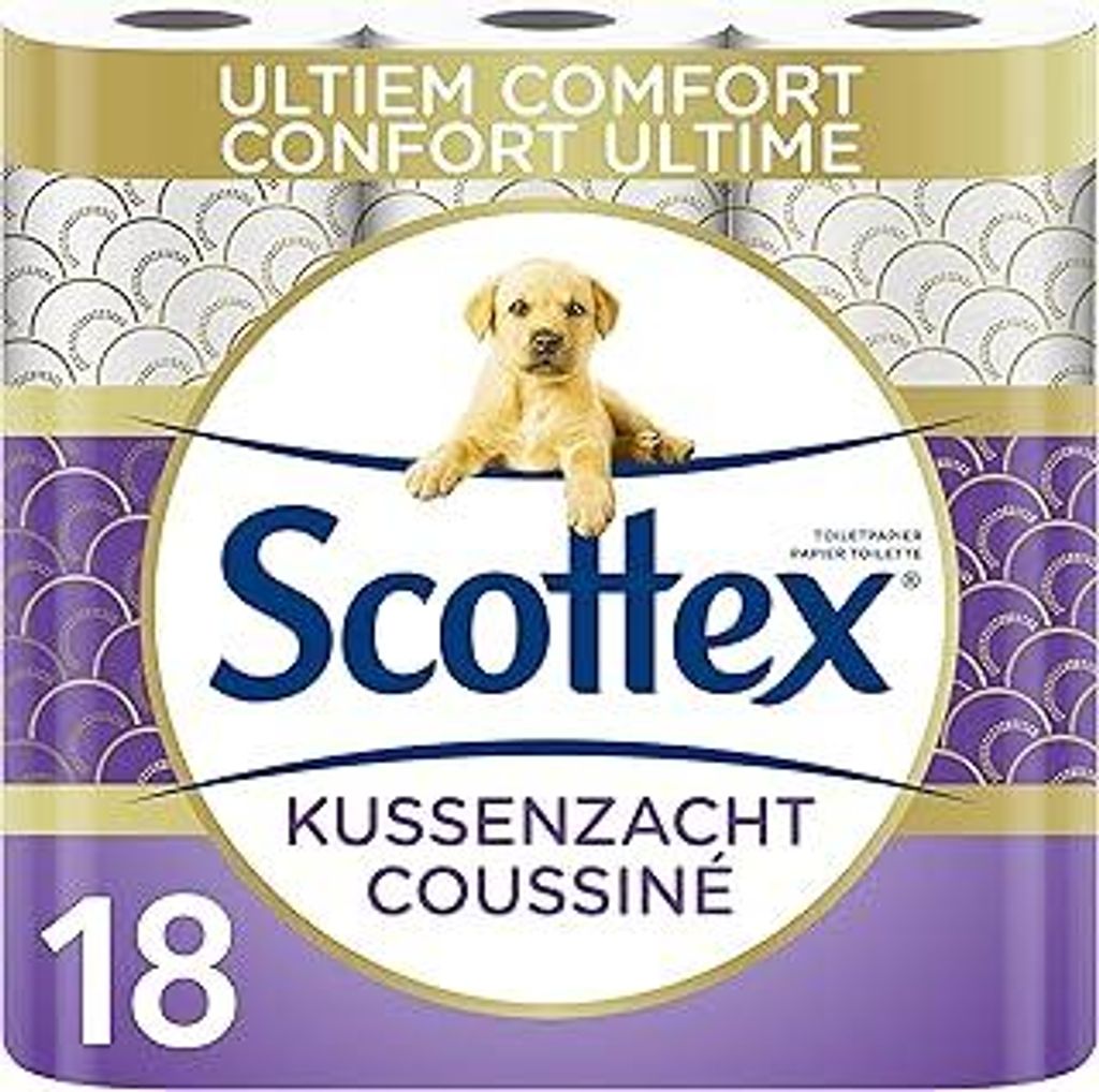 Scottex gepolstertes Toilettenpapier, 18 Rollen, besonders bequem und weich – 100 Prozent recycelbare Verpackung