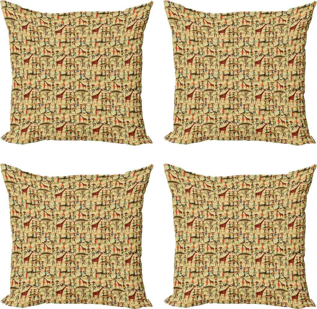 ABAKUHAUS Afrika Kissenbezug Set (4 Stück), Frau Silhouette Tiere, Moderner Doppelseitiger Digitaldruck, 40 cm x 40 cm, Mehrfarbig