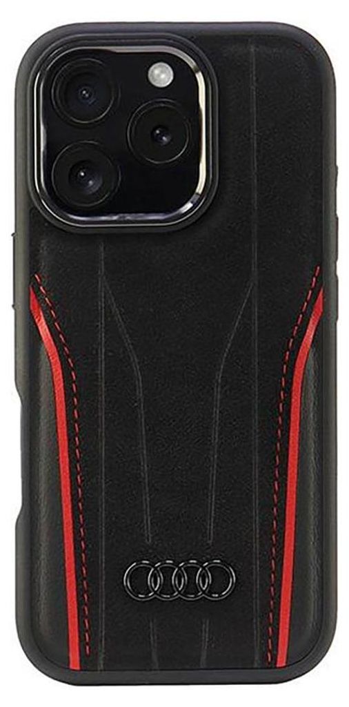 A black iPhone case with red accents and the Audi logo.