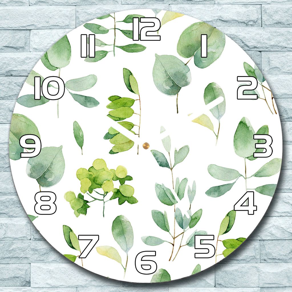 Wanduhr aus Glas Rund fi 30 Aquarellblätter grün Quarz Deko Produktbild 