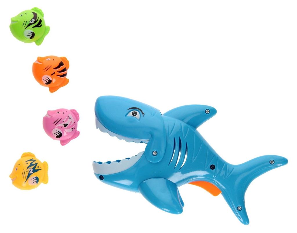 Wasserspielzeug Tauchset zur Haijagd mit 4 Fischen und orangefarbenem Knopf