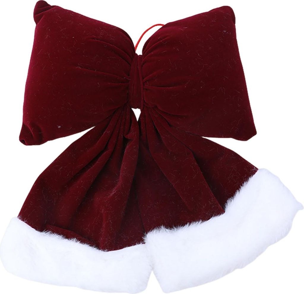 Weihnachtsschleife aus Samt, große, mit Plüsch gefüllte Schleife zum Aufhängen am Weihnachtsbaum mit flauschigem weißem Fellbesatz für die De...