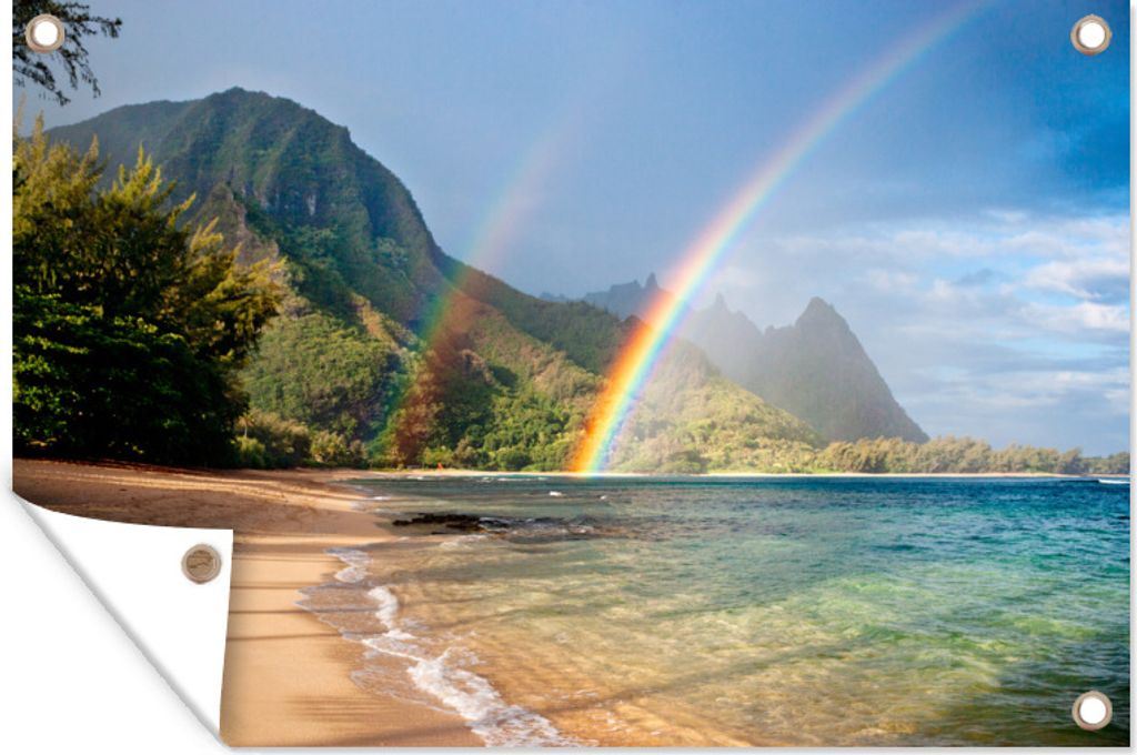 MuchoWow 90x60 cm Outdoor-Poster Gartendeko Sichtschutz Garten Poster für den Garten Doppelter Regenbogen über dem Meer in Hawaii