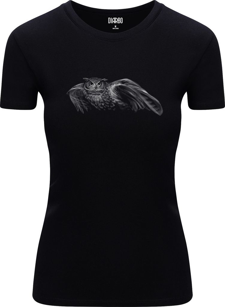 Diarbo Damen T-Shirt mit Aufdruck Wildtierporträts Fliegende Eule Schwarz Gr.S