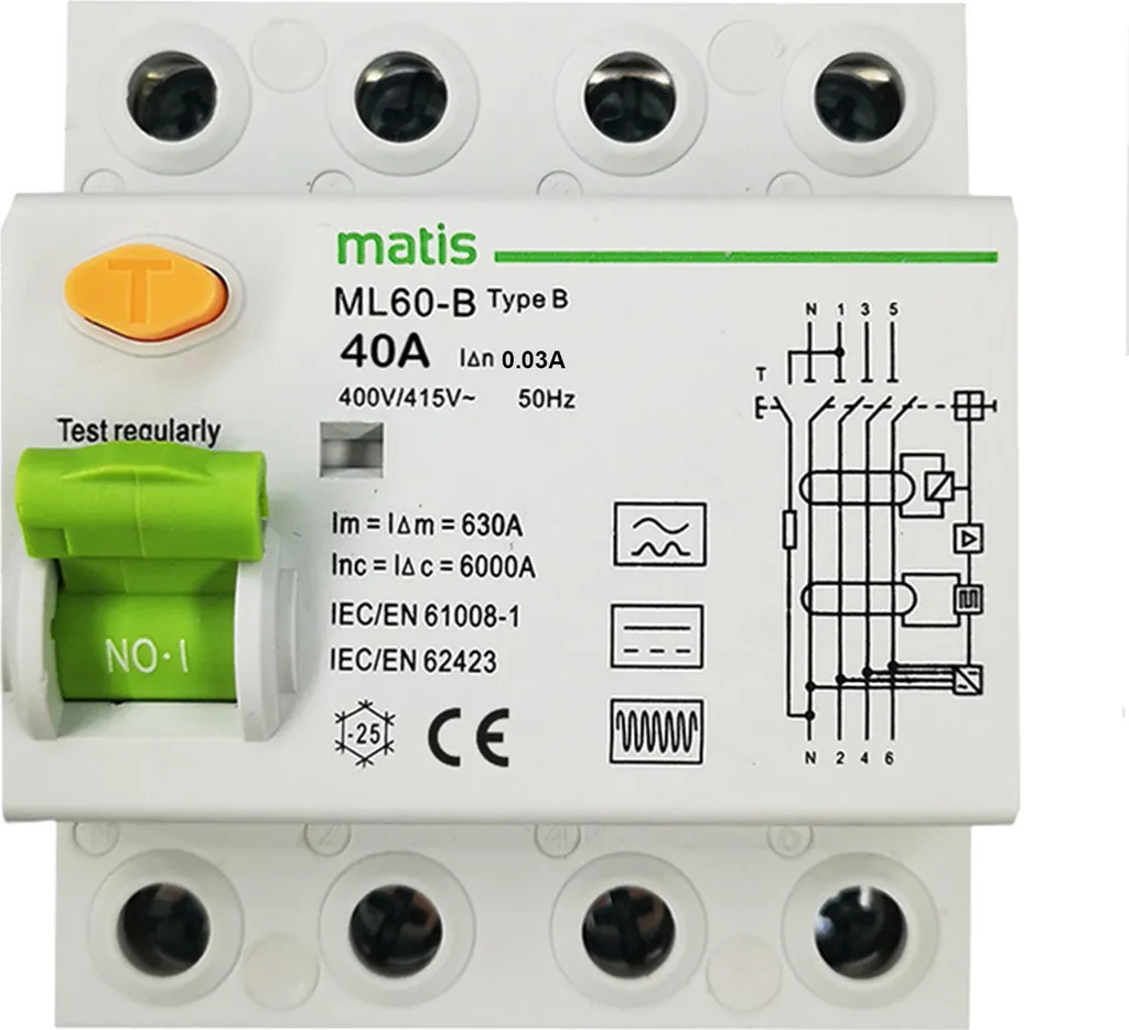 Interrupteur Matis Type B Allstromsensitiv 40A 30mA 4P - Norme Intertek CE