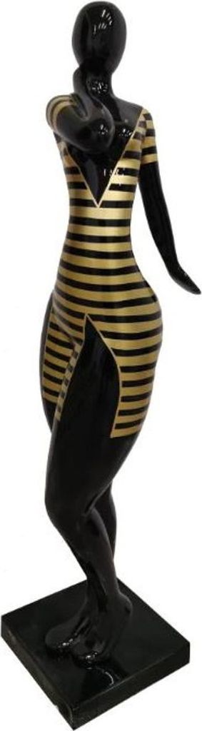 Casa Padrino Designer Deko Skulptur Frau mit Kleid Schwarz / Gold H. 102 cm - Wetterbeständige Dekofigur - Deko Accessoires