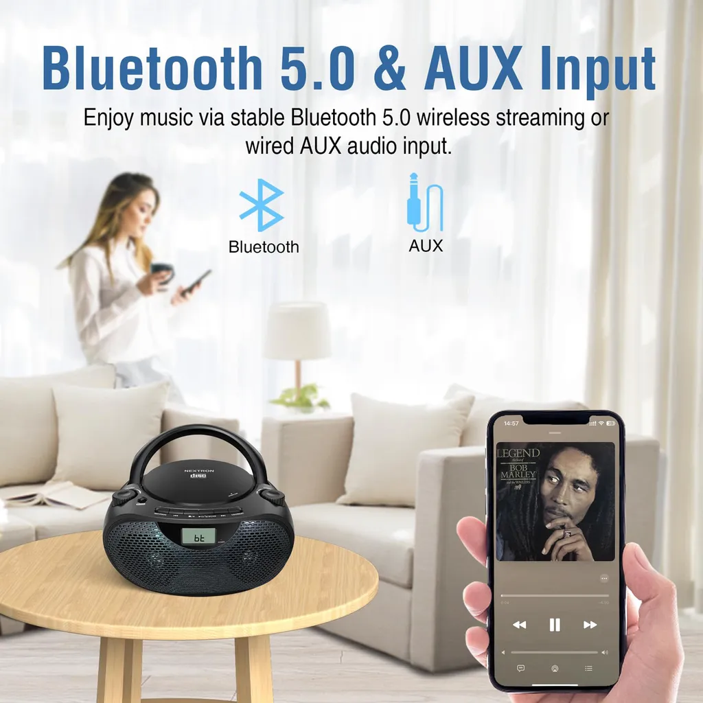 Lecteur CD Portable ZELURXX Boombox Bluetooth 5.0 et Radio FM - Noir - 7