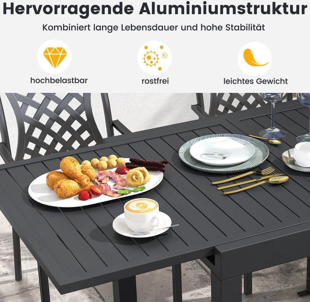 Gartentisch Aluminium ausziehbar 80/160 x 80cm Esstisch wetterfest Dunkelgrau