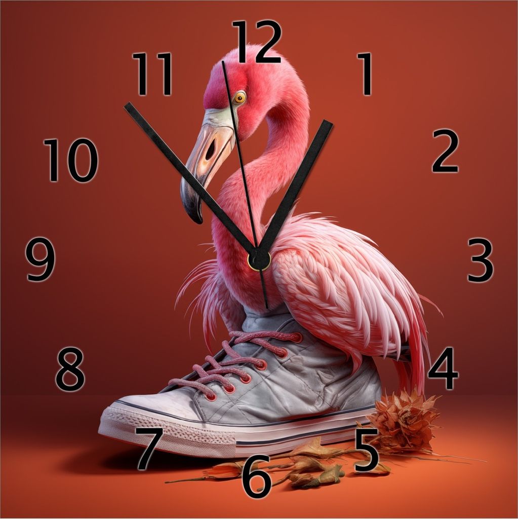 Wallario Design Wanduhr Flamingo im Sneaker aus Echtglas, Produktbild 