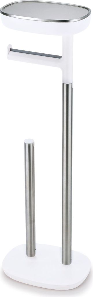 A white and silver toilet paper stand with a shelf on top.