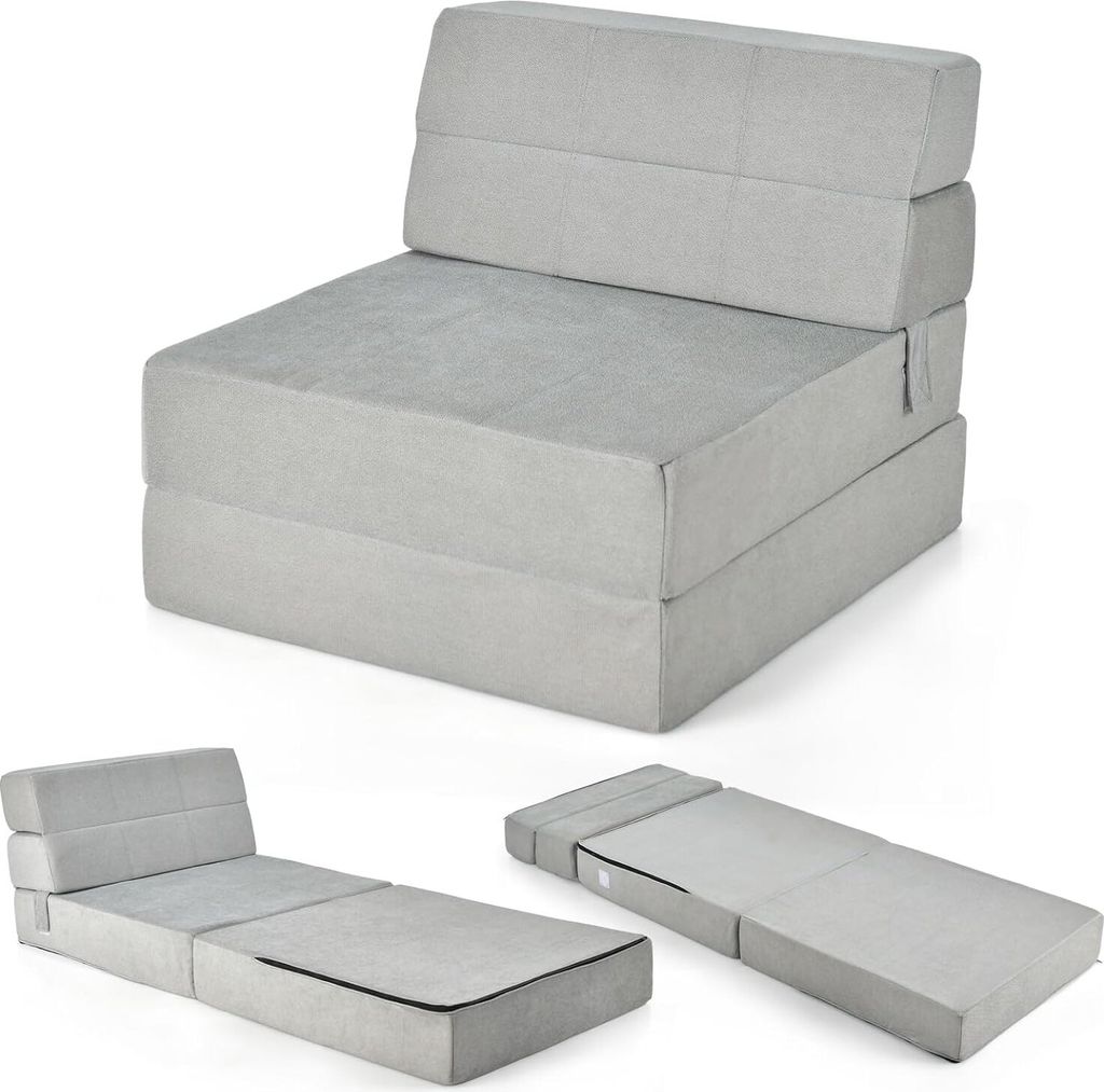 A collage of images showing a foldable mattress in different configurations.