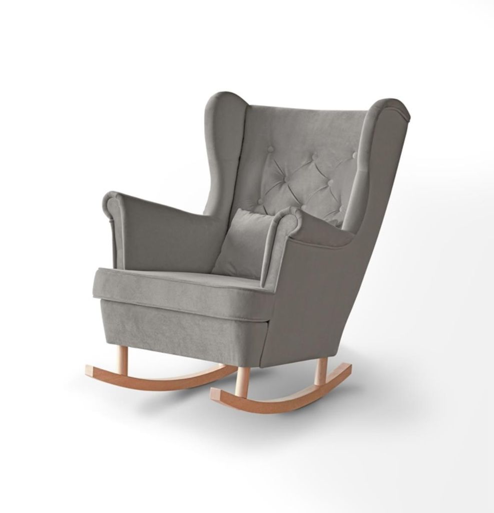Schaukelsessel Fabio mit Holzbeine, Ohrensessel aus Velours, Polstersessel mit Wellenfedern (Stoff: paros 02 - beige, Beinefarbe: Buche)