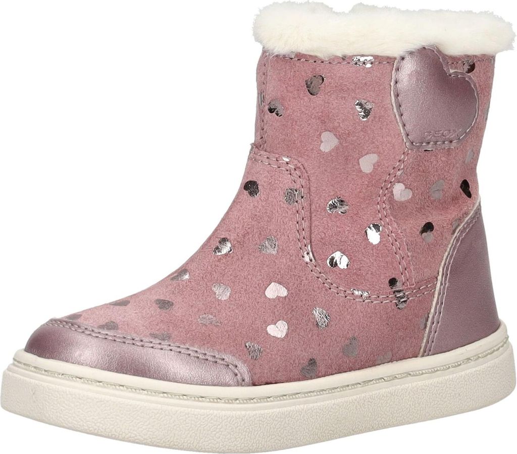 A single pink boot with silver heart patterns and white fur trim is shown against a white background.