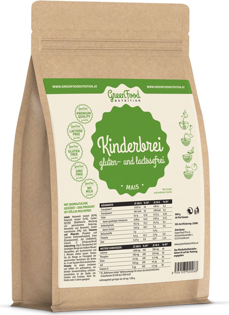 GreenFood Nutrition Baby Maisbrei ohne gluten- und lactosefrei 500g