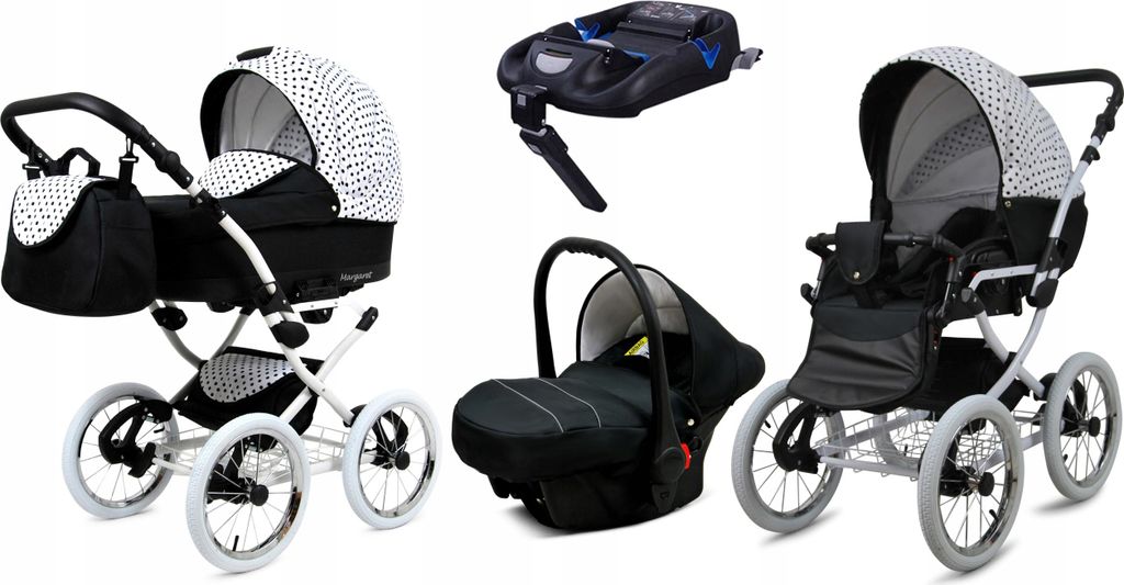 BabyLux Margaret White | 4in1 Kinderwagen Set | Black Dots | Kombikinderwagen | Kinderwagenset