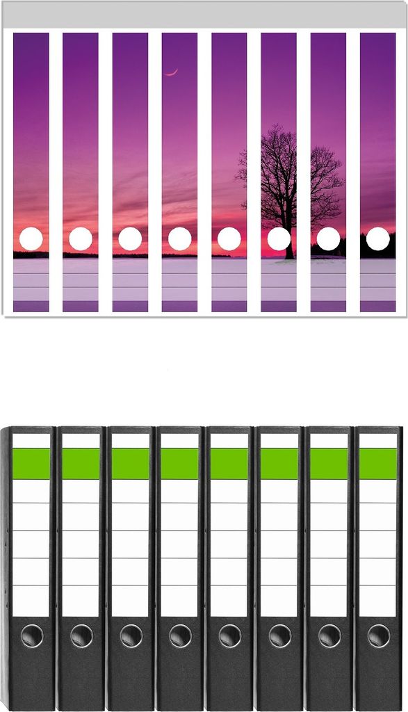 Wallario 8 Stück schmale Ordner inkl. Klebeetiketten mit Motive Mond und Baum am Abend bei Schnee - Set mit Rückenschildern / Ordnerrücken Stic...
