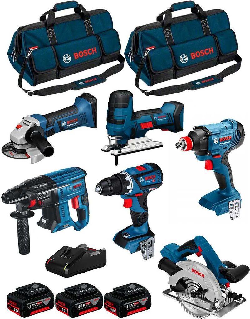 BOSCH Kit 18V BK602BAG (GDX 18V-180+GBH 18V-21+GKS 18V-57+GST 18V-LI S+GWS 18-125V-LI+GSR 18V-60 C+ 3x5,0Ah+GAL18V-40+2 Taschen)