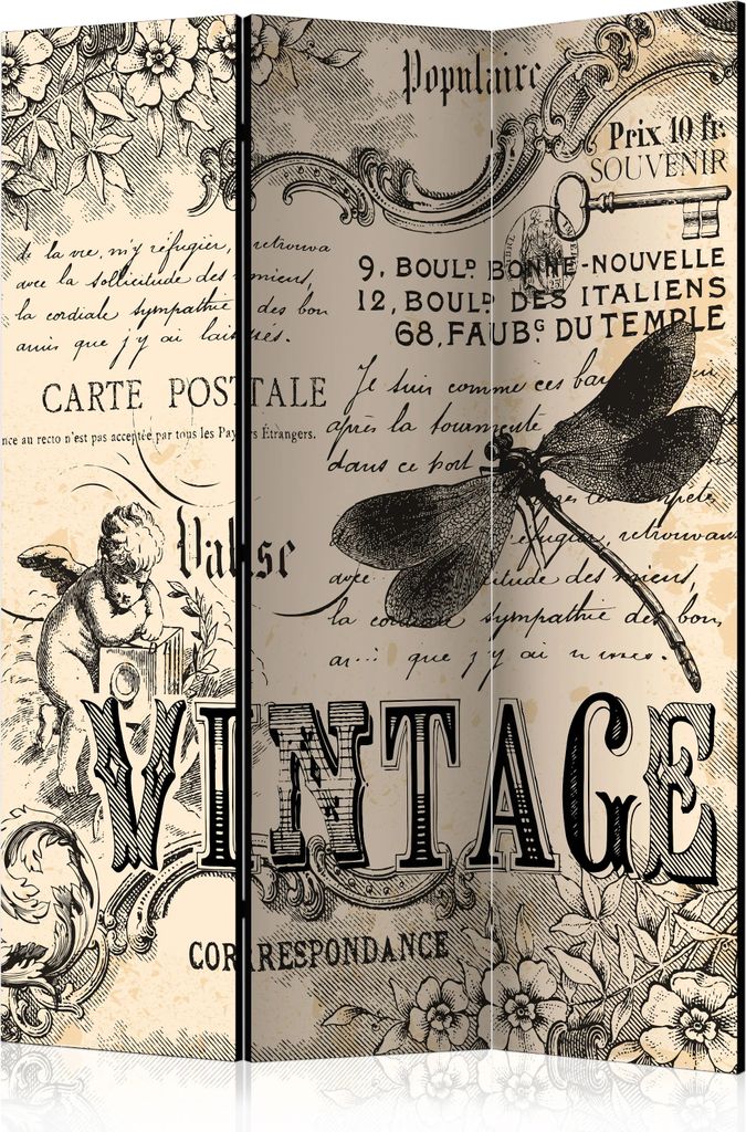 3-teiliger Doppelseitiger Vlies Paravent - Vintage Correspondence 135x172 cm Text m-B-0028-z-b