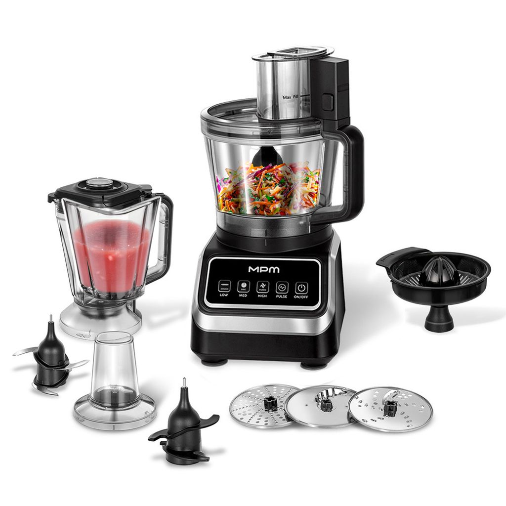 A collection of kitchen appliance parts, including a food processor, blender jar, and various attachments, arranged on a white background.