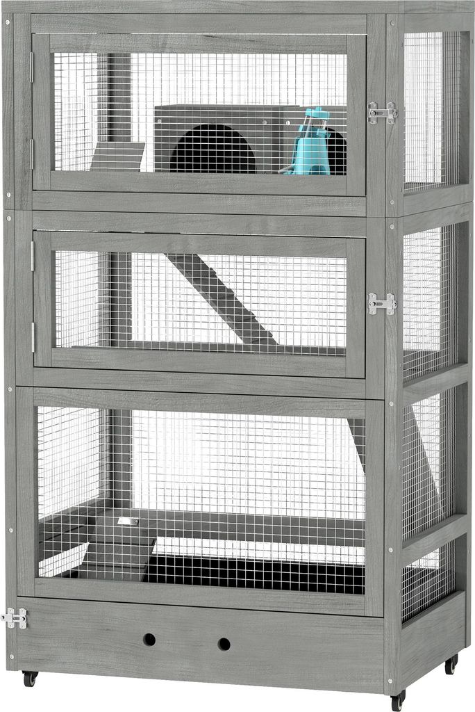 4-stufiger Hamsterkäfig aus Holz, mit Hütten, Wippe, Futterschalen, Rampen, Rollen, 65 x 45 x 109 cm, Grau