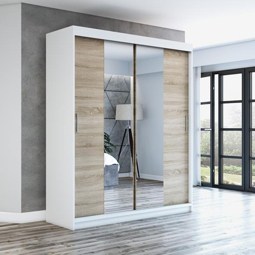 Schwebetürenschrank, 2-türig Schrank mit Spiegel! Moderne Garderobe für Kleidung. Verschiedene Farben (Weiß, Schwarz, Somona) Kleiderschrank NE...