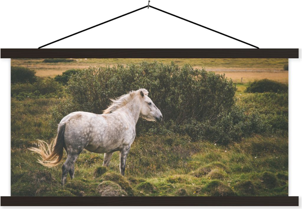 MuchoWow Textilposter Pferd - Weiß - Strauch 120x60 cm mit schwarzem Rahmen - Dekoration Schlafzimmer