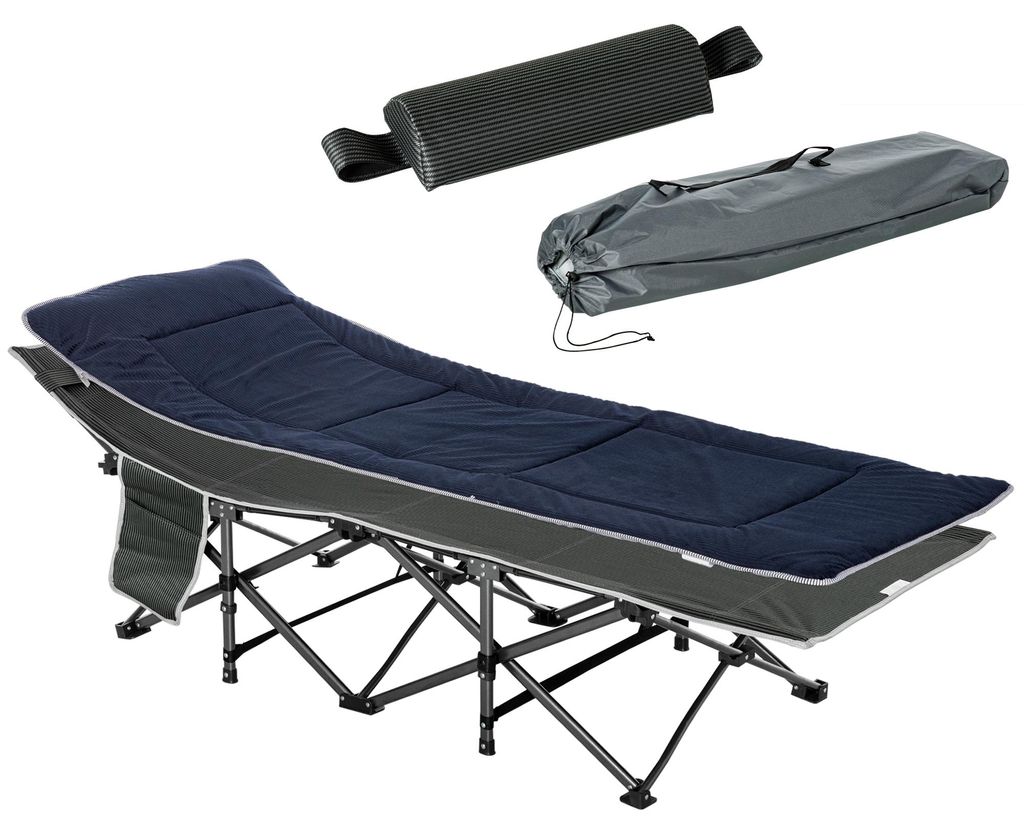 Campingbett. klappbares Feldbett mit Kopfkissen. 188 x 64.5 x 53 cm. Dunkelblau+Grau