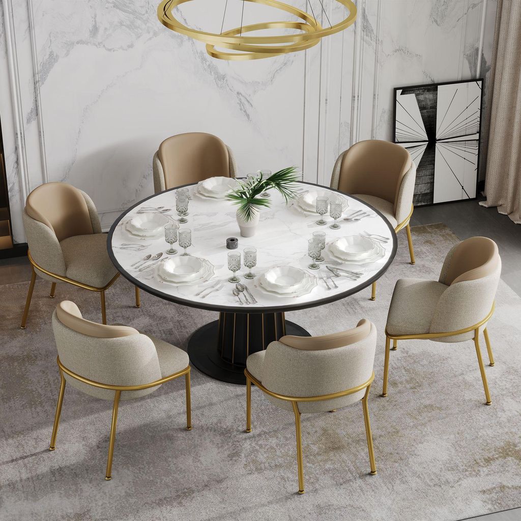 Merax Esszimmerstühle 6er Set, Moderner Esszimmerstuhl mit Schrägbein, Polsterstuhl, Verstellbare Füße, Küchenstühle, Leinen und Leder, Beige...