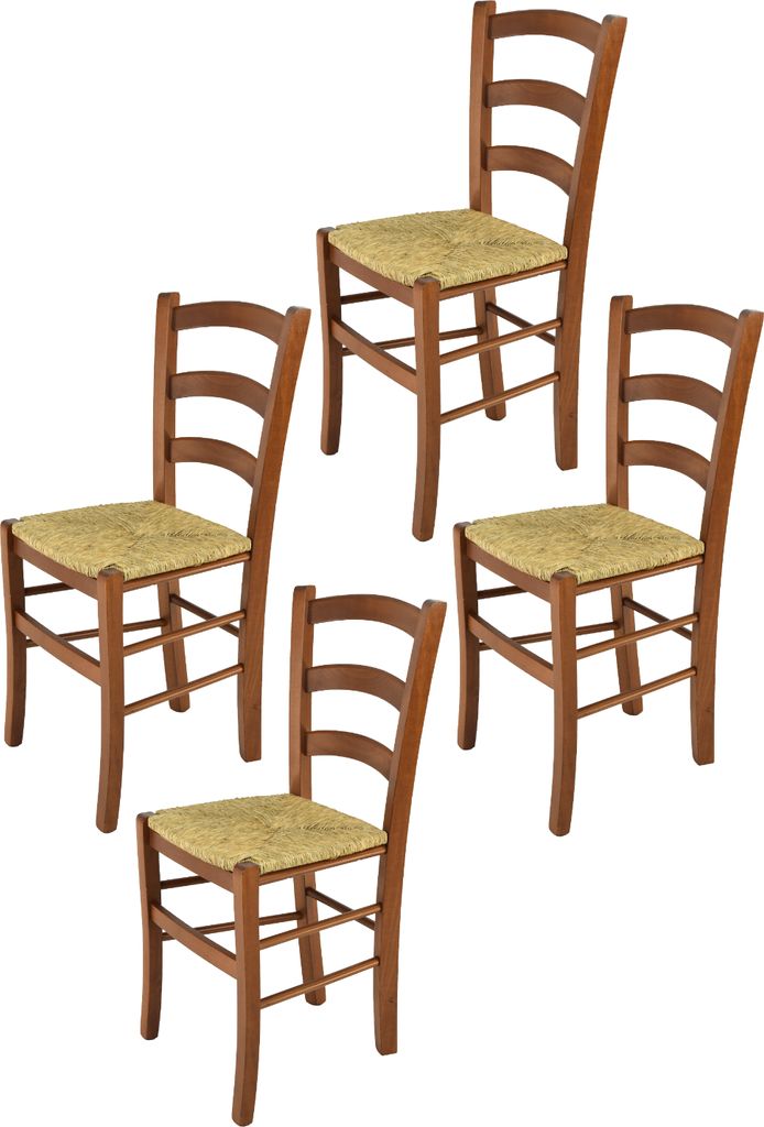 Four wooden chairs with woven seats are arranged on a white background.