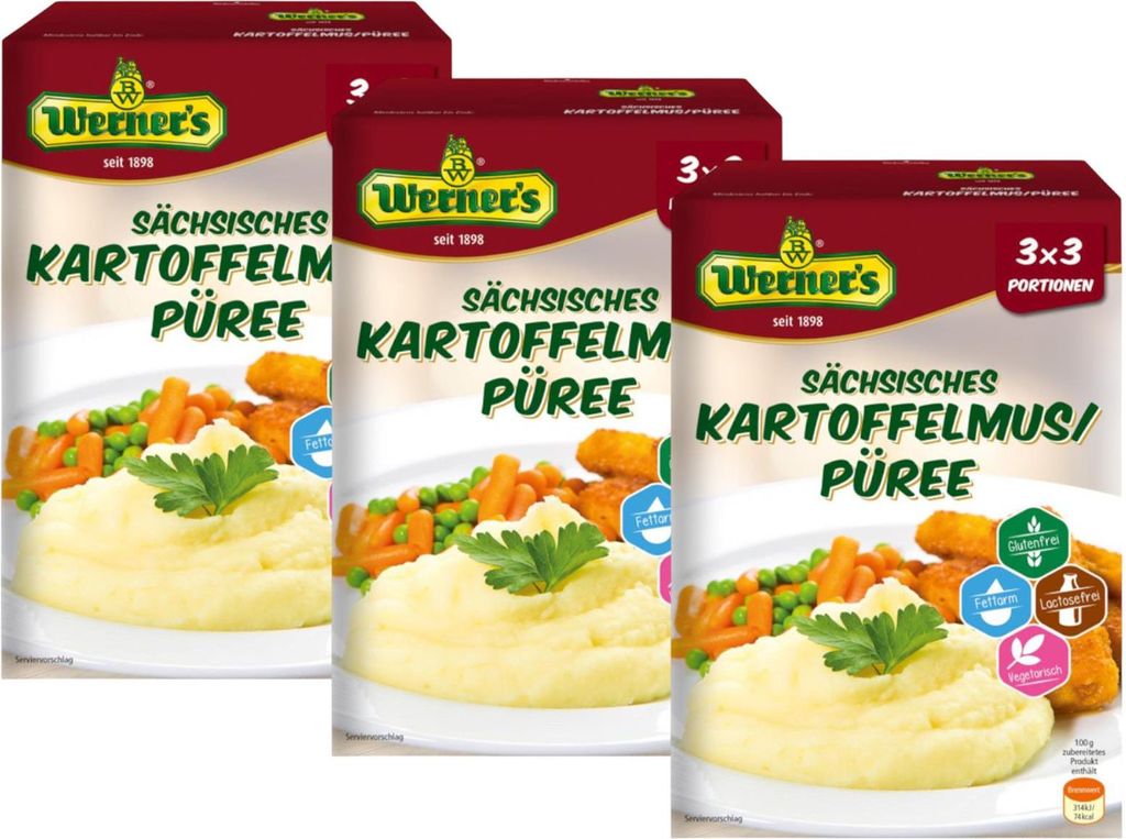 3x Werner’s Sächsisches Kartoffelmus Püree 3x3 Portionen Kartoffelpüree ohne Farbstoffe & Zusatzaromen, gluten- & laktosefrei