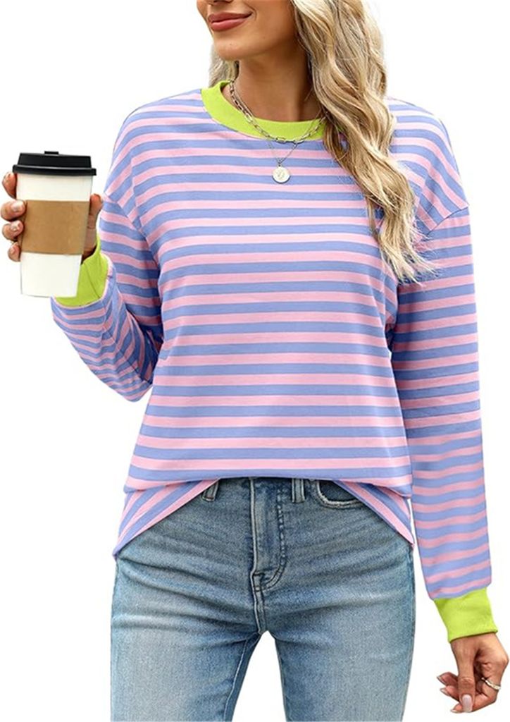 ASKSA Damen T-Shirt Rundhals Langarm Shirts Gestreift Basic Elegant Casual Lose Frauen Tunika Oberteile (Hellblau,L)