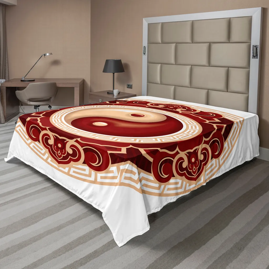 ABAKUHAUS Ying Yang Lenzuolo, simbolo culturale asiatico motivo floreale ornamentale equilibrio Zen, morbido e confortevole lenzuolo superiore per un letto decorativo 1 pezzo 244 cm x 205 cm, marrone crema bianco
