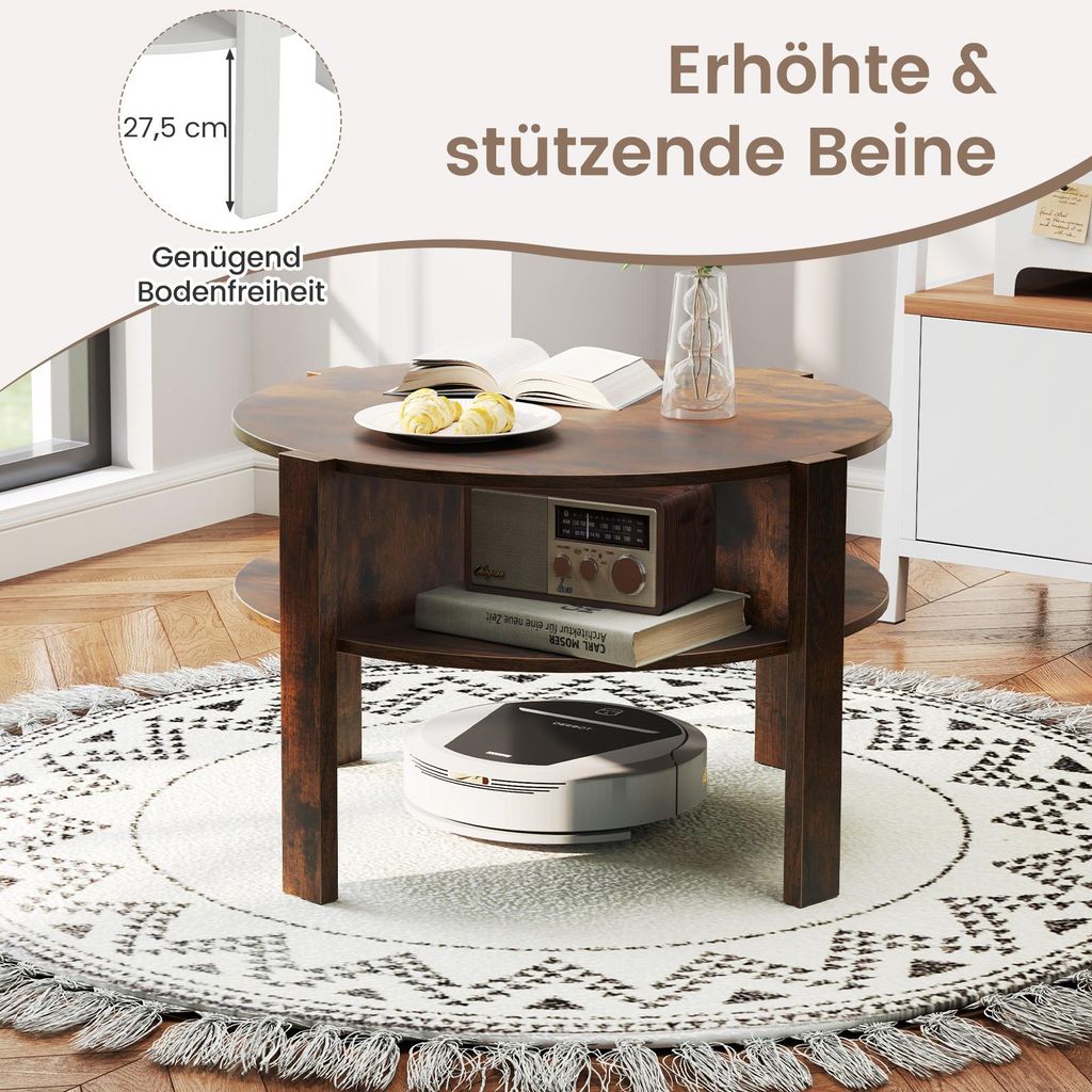 COSTWAY Couchtisch Rund mit Stauraum, Wohnzimmertisch Holz