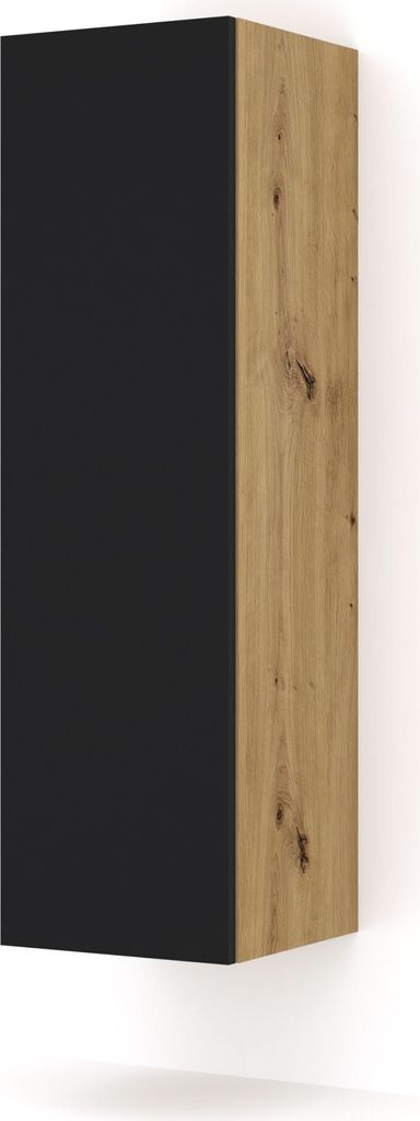 A product image of a wall cabinet with a black front and a wood-grain side.