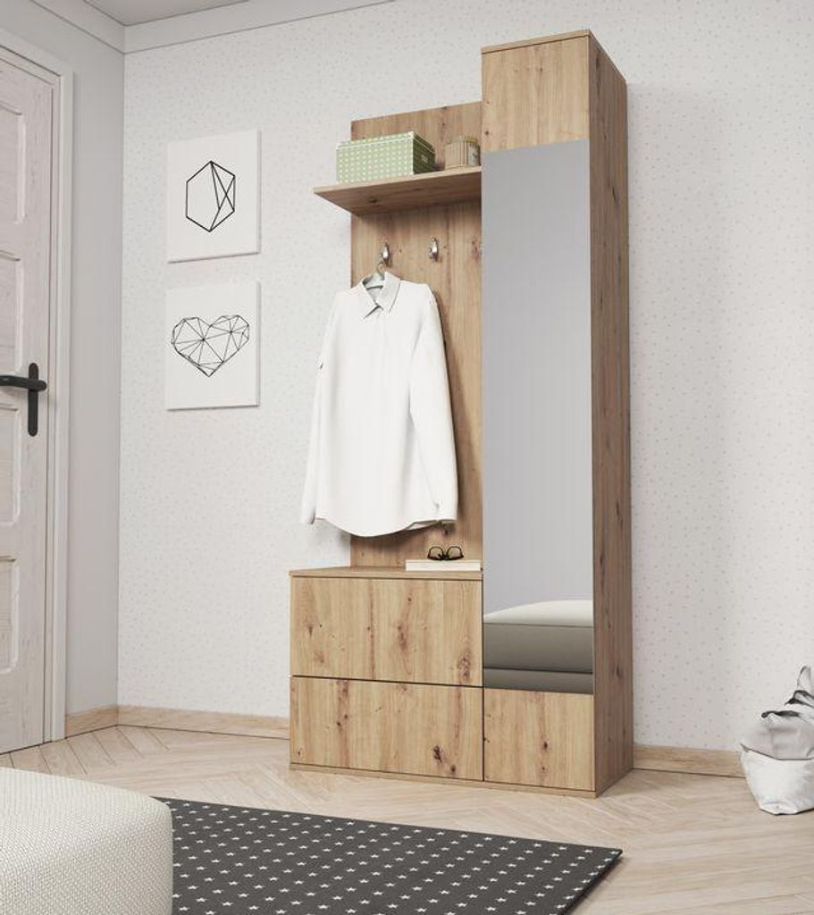 Garderobe – Garderobe mit Spiegel – Garderobe mit Schuhschrank – GREEN – 90 cm – Artisan Eiche – Flurgarderobe mit Drehtür und Haken ...