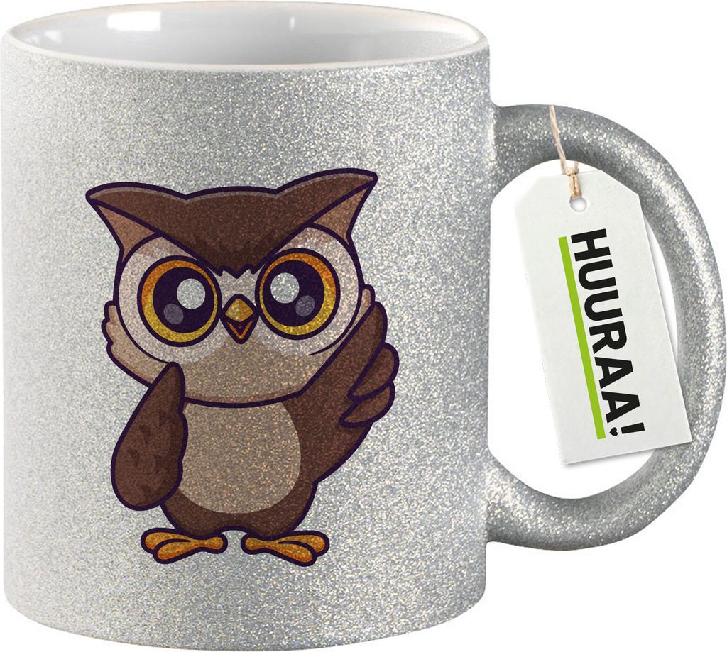 Huuraa Glitzertasse Eule Comic 330ml Silber Keramik Kaffeebecher Geschenkidee