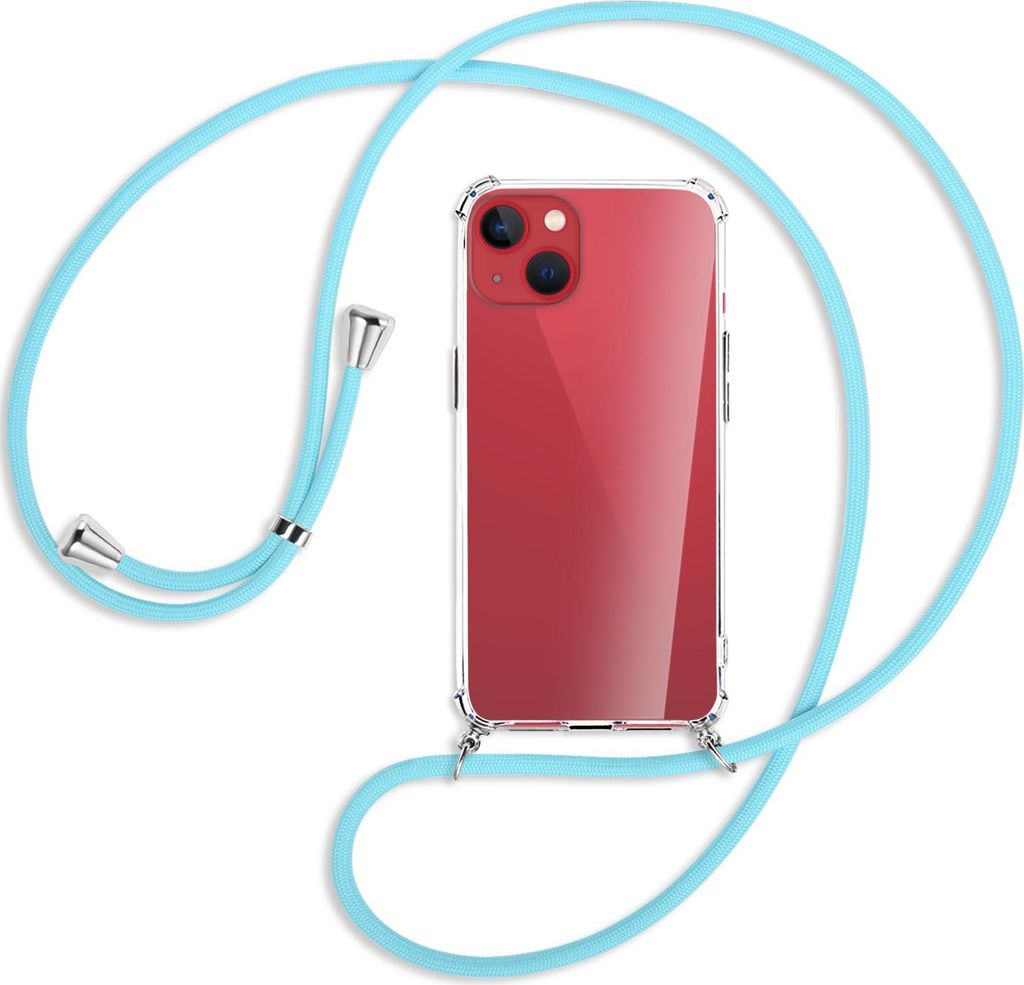 Handykette Backcover-Schutzhülle mit Band (Metall silberfarben) für Apple iPhone 13 mini - himmelblau