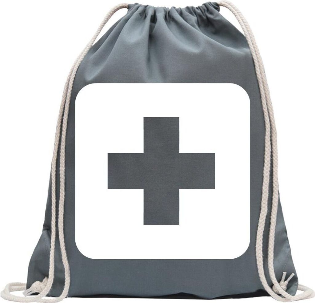 Kiwistar - Turnbeutel - stahlgrau - Erste Hilfe Stelle Piktogramme - Fun Rucksack Sport Beutel Gymsack Baumwolle mit Ziehgurt