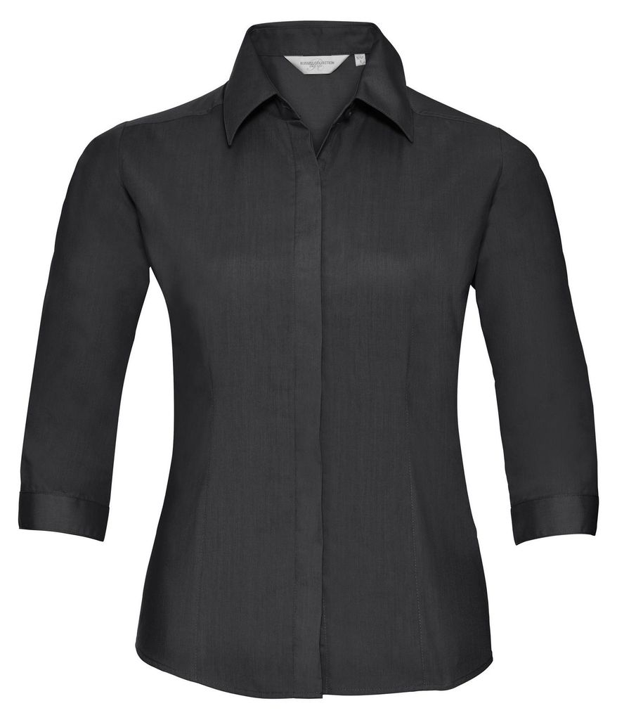 Russell Collection Popelin Bluse, pflegeleicht, tailliert, 3/4-Ärmel FK742 (XS) (Schwarz)