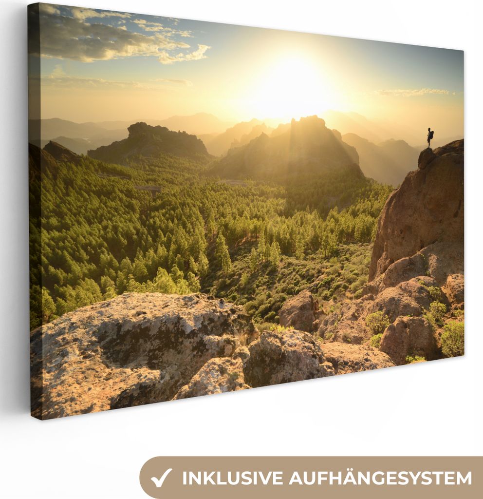 OneMillionCanvasses - Leinwandbilder - 150x100 cm, Ein Sonnenuntergang am Roque Nublo auf Gran Canaria, Wandbilder Kunstdruck Wanddekoration