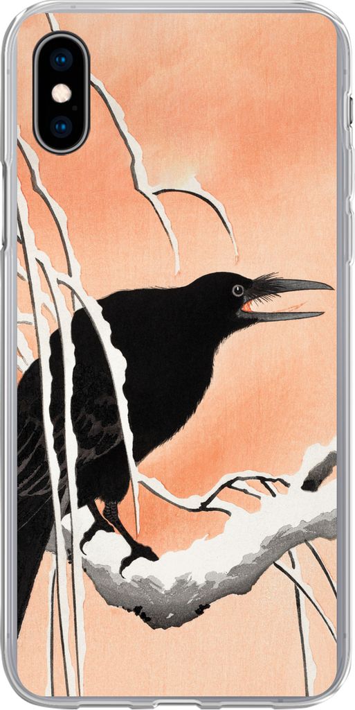 MuchoWow Handyhülle Schutzhülle Hülle für Telefoonhoesje iPhone Xs Krähe - Zweig - Vintage - Japanisch Silikon Softcase Handy Hülle - Handy...