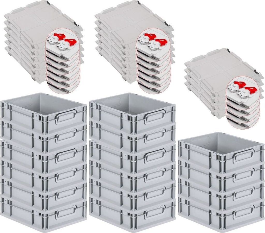 SuperSparSet 16x Eurobox NextGen Economy mit Scharnierdeckel und roten Schiebeschnappverschlüssen | Griffe geschlossen | HxBxT 12x30x40cm | 11 Lit...