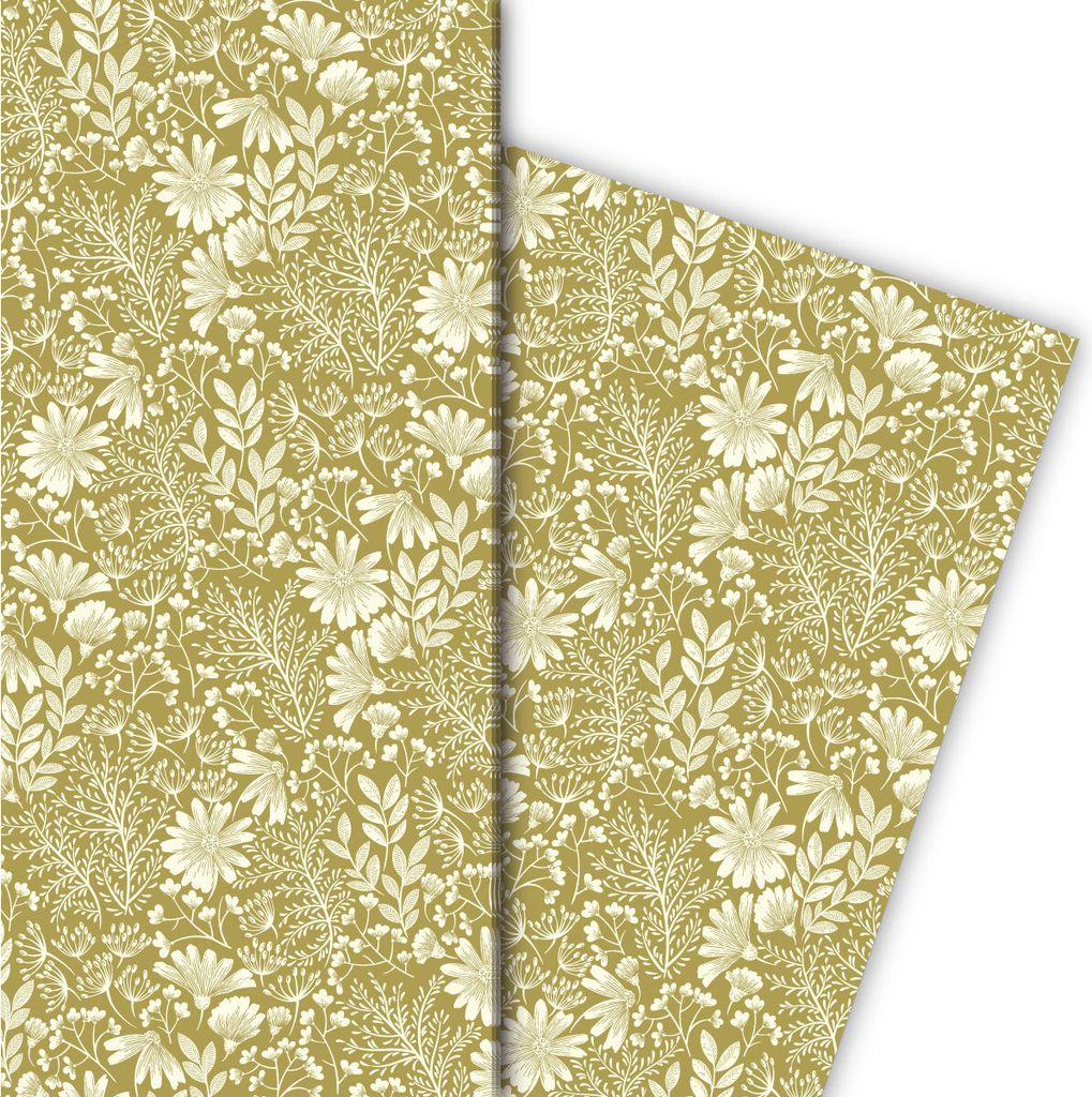Zartes Blumen Geschenkpapier mit Wiesen Blüten zur Hochzeit, Taufe, oliv - G9938, 32 x 48cm